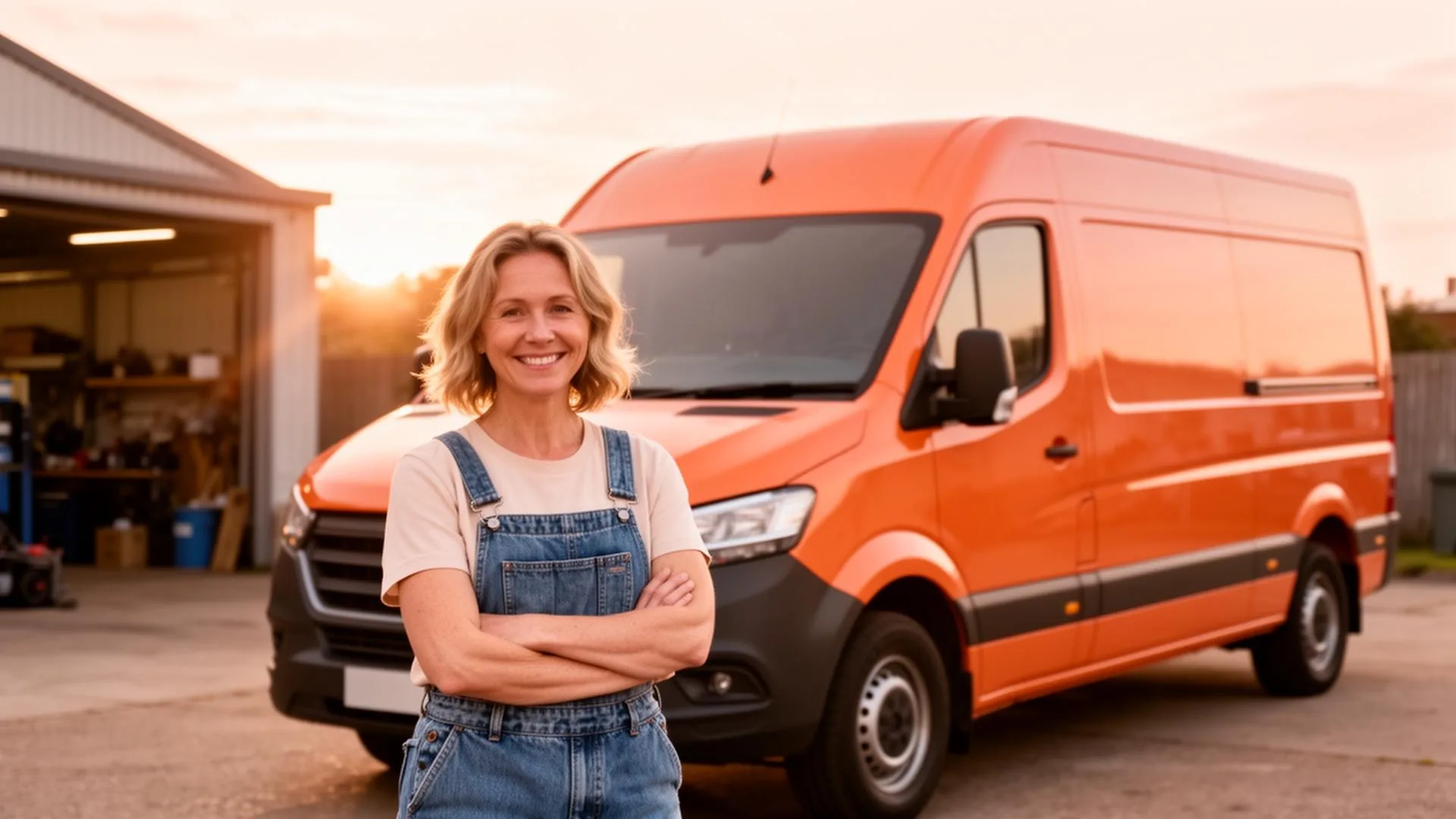 UK small business owner standing beside her brand-new orange commercial van